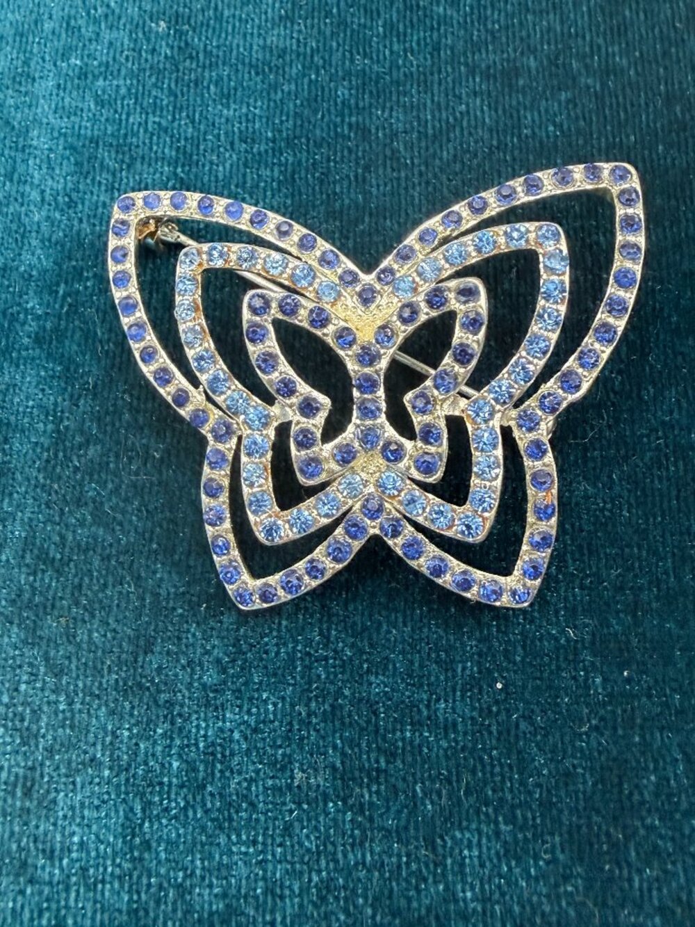 Vintage Blue Rhinestone Butterfly Brooch – Double Celtic Knot Design